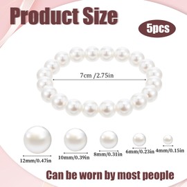 Grevosea 5 Pcs Pearl Bracelets for Women, White Gold Stretch Bridesmaid Pearl Bridal Wedding Elastic Bracelets Stackable Faux for Women Wedding Jewelry Lady Beaded Bracelet