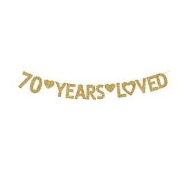 GRACE.Z 70 Years Loved Banner, Happy 70th Birthday Party Decorations Gold Gliter Paper Signs
