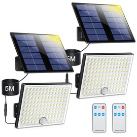 Solar Lights for Outdoor Use with Remote Control, Outdoor Lamp with Motion Sensor, IP65 Waterproof Solar Light with 5 m Cable for Garage, Garden, Yard, Steps, Front Doors, Lawn, Pack of 2, Warm White