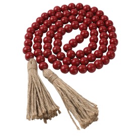 Wood Bead Garland 58 Inch Red Wooden Beads for Boho Farmhouse Table Home Decor with Tassel, Wooden Prayer Bead, Rustic Country Boho Wall Hanging Decor for Kitchen Modern Living Room Tray Vase Shelf