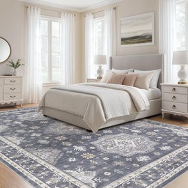 Washable Rugs for Living Room: Vintage Large 9x12 Area Rugs for Bedroom Dining Room for Under Table Soft Living Room Rug Stain Resistant Oriental Farmhouse Tribal Retro Accent Carpet - Denim Blue/Grey