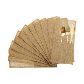 sourcing map 24Pcs Burlap Utensil Holders, 4" x 8" Cutlery Pouch Silverware Holder Natural Jute Pouch Bag Burlap Napkin Bag for Party Wedding Decoration