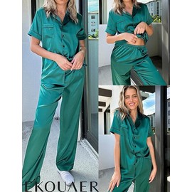 Ekouaer Silk Satin Pajamas Set Women Two-Piece Nightwear Short Sleeve Sleepwear Soft Button Down Loungewear Pjs Set Dark Green
