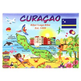 Curacao Graphic Map and Attractions Souvenir Fridge Magnet 2.5" X 3.5"