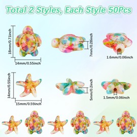 SUNNYCLUE 1 Box 100Pcs Colorful Turtle Beads Star Fish Beads Large Summer Hawaii Beach Gemstone Sea Life Ocean Animal Spacer for Bracelet Making Beading Necklaces Keychains Crafts Supplies Women Adult