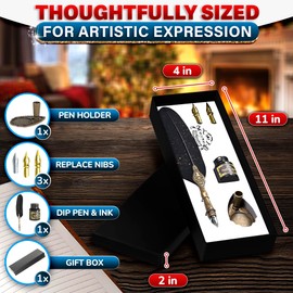 Vintage Feather Quill Pen and Ink Set – Black Feather Pen and Ink Set with Stainless Steel Nib & Stand for Calligraphy Beginners, Authors & Writers – Unique Gift & Vintage Decor for Home & Office