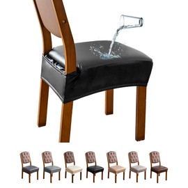 Genina Dining Chair Covers Set of 4, Waterproof PU Leather Dining Seat Covers Stretch Wipeable Dining Room Seat Cover Kitchen Chair Slipcover Protector (Rear-Covered Design, Black)