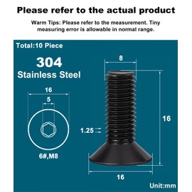 Drenky Countersunk Screws Pack of 10 M8 x 16 mm Stainless Steel V2A VA A2 Countersunk Head Screws with Hexagon Socket DIN 7991 / ISO 10642 Threaded Screws Rustproof Black Screws Metric Standard Thread