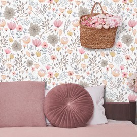 Kazova Floral Leaf Wallpaper Boho Flower Wall Paper Mural Watercolor Botanical Floral Leaf Decals Peel and Stick Wildflower Small Flower Wall Stickers Decor for Bedroom Girls Room Nursery Cabinet