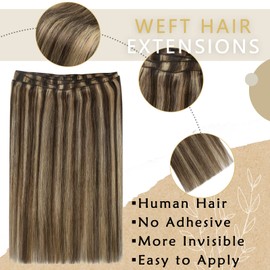Ugeat 22inch Sew in Hair Extensions Human Hair Highlights Weft Hair Extensions Dark Brown Highlights Caramel Blonde Hand Tied Weft Hair Extensions Double Weft 105G