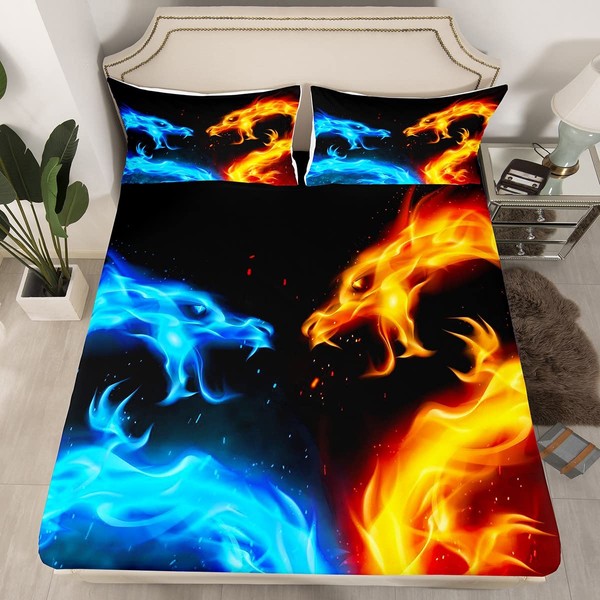 Erosebridal Dragon Bedding Set Ice Fire Dragon Bed Sheets Twin for Kids Boys Teens Adult Bedroom Decor, Wildlife Pattern Fitted Sheet Blue and Gold Animal Bed Sets with 1 Pillow Case(No Top Sheet)