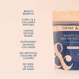 Dose & Co Marine Collagen Beauty Elixir Powder 150g | 5,000mg Marine Collagen Peptides, Hyaluronic Acid & Beauty Vitamins | Supports Skin Elasticity, Firmness & Hydration (Peach & Raspberry)