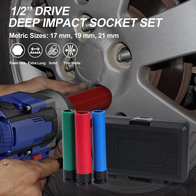 1/2" Drive Impact Lug Nut Socket Set, 3PC (17/19/21mm) Extra
