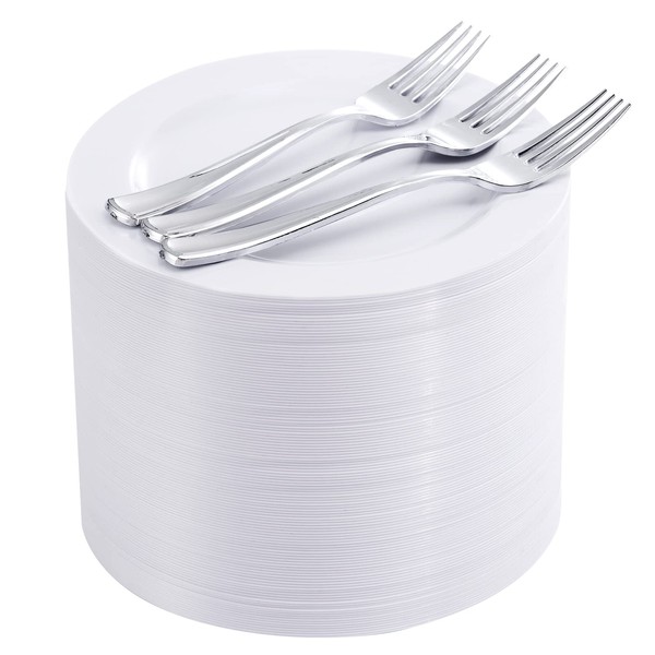 bUCLA 100Pieces White Plastic Plates with 100Pieces Silver Plastic Forks-7.5inch White Disposable Salad/Dessert Plates-Premium Heavy Duty Appetizer Plates for Weddings& Parties
