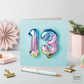 Ruby Ashley 13th Birthday Card For Boy Or Girl - 13th Anniversary Card - Birthday Card For A Thirteen Year Old - Rainbow Foil Balloons 13th Card
