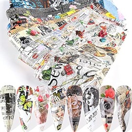 CHANGAR 10 Sheets Nail Foil Sticker Newspaper Magazine Style Transfer Decals Adhesive Stickers Starry Sky Manicure Tips Nail Art DIY Decoration