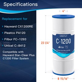 Grefilt C1200 Pool Filter Cartridge - High Flow 120 sq.ft Replacement for Hayward C1200/CX1200RE & Pleatco PA120 | OEM Fit (Fits Unicel C-8412, Filbur FC-1293) | 23.25"x8.94" OD