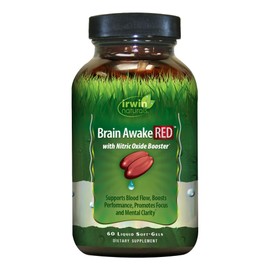 Irwin Naturals Brain Awake Red + Nitric Oxide Boosters Enhanced Performance, Focus & Mental Clarity - Nootropic with L-Citrulline, Ginkgo - 60 Liquid Softgels