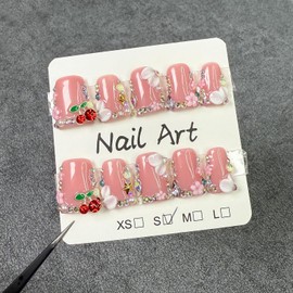 10 Pcs 100% Handmade Press on Nails Duck Medium 3D Cherry False Nails with Glue,3D Flower Luxury Rhinestone Pattern Design Full Cover Glossy Acrylic Nude Pink Fake Nails for Women（Size S）