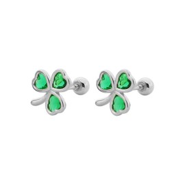 20G Lucky Clover Tiny Studs Earrings 925 Sterling Sliver CZ Simulated Emerald Green Crystal Love Heart Leaves Screw Back Ball Sleeper Earring Cute Jewelry Gifts for Women Teen Girls (Silvery)