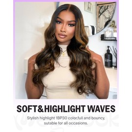 Megalook hair Glueless Wigs Human Hair Pre Plucked Pre Cut 6x5 HD Closure Highlight Wig Human Hair Body Wave Ombre Lace Front Pre Bleached Glueless Wig 20 Inch 1BP30