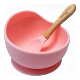 EcoWood Tazón Para Bebé De Silicona Ecowood Con Cuchara De Bambú Color Rosa Bowl Silicona