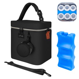 Fxady Breastmilk Cooler Bag with Ice Pack, Insulated Baby Bottle Tote Bag for 6 Bottles Up to 9 oz, Clip-On Pouch for Baby Essentials, Leakproof, Waterproof, Shoulder Strap for Nursing Moms, Black