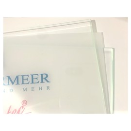 Sindutec® Table Stand, Name Plate 200 x 70 mm ESG Safety Glass 2 Panels of 4 mm Stainless Steel Feet Also with Printing Service for Laser Film Inserts (Laser Film Decor "Frost" 4 Colour Printed)