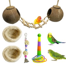 kathson 5Pcs Bird Coconut House with Ladder Parakeet Coconut Nest for Cages Parrot Hut Hanging Natural Coconut Fiber Conure Chewing Toys for Cockatiel Budgie Lovebird Cockatoos