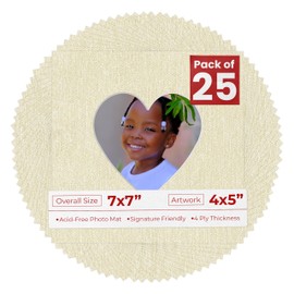 Poster Palooza 4x5 Mat For 7x7 Frame - Precut Fresh Linen Canvas Heart Shaped Photo Mat Board Opening - Acid Free Matte to Protect Your Pictures - Bevel Cut for Family Photos, Pack of 25 Matboards