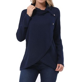 KILIG Womens Cowl Neck Lightweight Sweaters Long Sleeve Asymmetric Waffle Wrap Button Pullover Sweater(Navy,XXL)