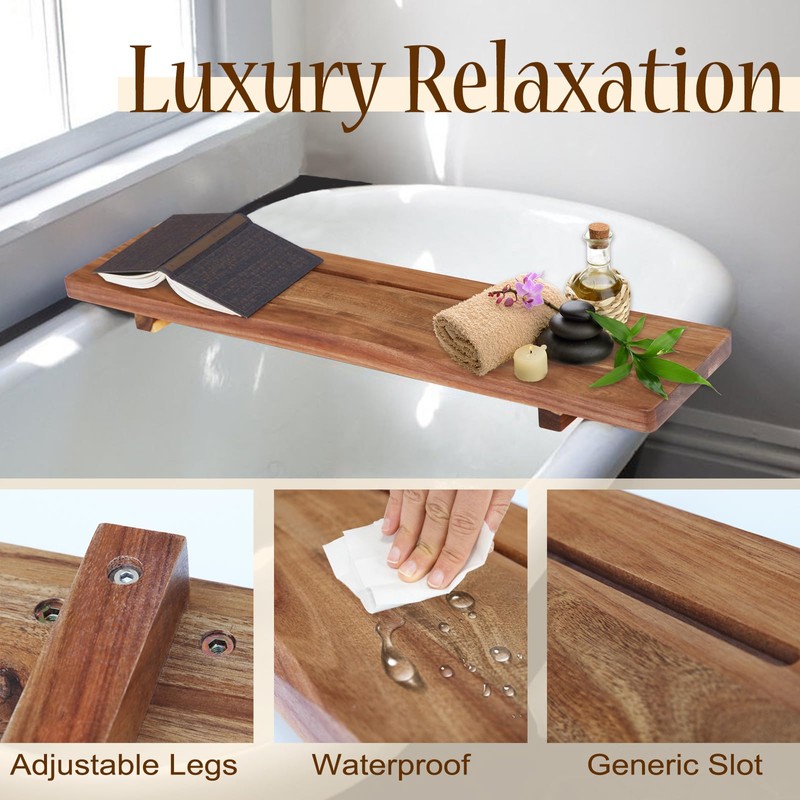 Stylish Black Bamboo Bathtub Tray Caddy with Adjustable Legs, Minimalistic