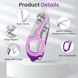 6in1 Trauma Shears, Stainless Steel Pocket Scissors Glass Breaker Emergency Medical Trauma Scissors,Outdoor Camping Tools Multi-function Shears (Double Purple)