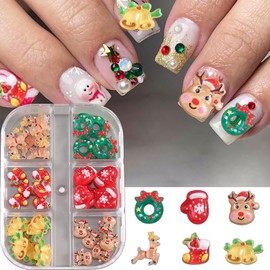 6 Grids Elk Nail Art Charms Resin Christmas Nail Charms Christmas Socks Gloves Nail Rhinestones Flat Back New Year Reindeer Bell Nail Art Rhinestones for Women Nails Faces Eyes Makeup Decoration
