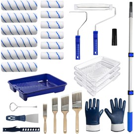 AURIXUS 28 PCS Paint Roller Kit with Extension Pole, 4"and 9" Paint Roller, Including Gloves, Paint Tray, Flat Paint Brush, Scraper, etc., for Professional House Painting & Oil Paints