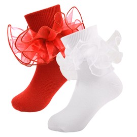 MKYSZLT 2 Pairs Girls Ruffle Socks Toddler Girl Lace Frilly Dress Socks Fold Cuff Big Ruffles Church Pageant Sock Little Kid (US, Age, 8 Years, 10 Years, 2 pairs - white, pink)