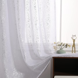 Kotile Silver White Net Curtains - Metallic Glitter Silver Foil Dots White Voile Curtains 90 Inch Drop, Rod Pocket Privacy Sheer Curtains for Bedroom, W66 x D90 Inch, 2 Panels, Silver White