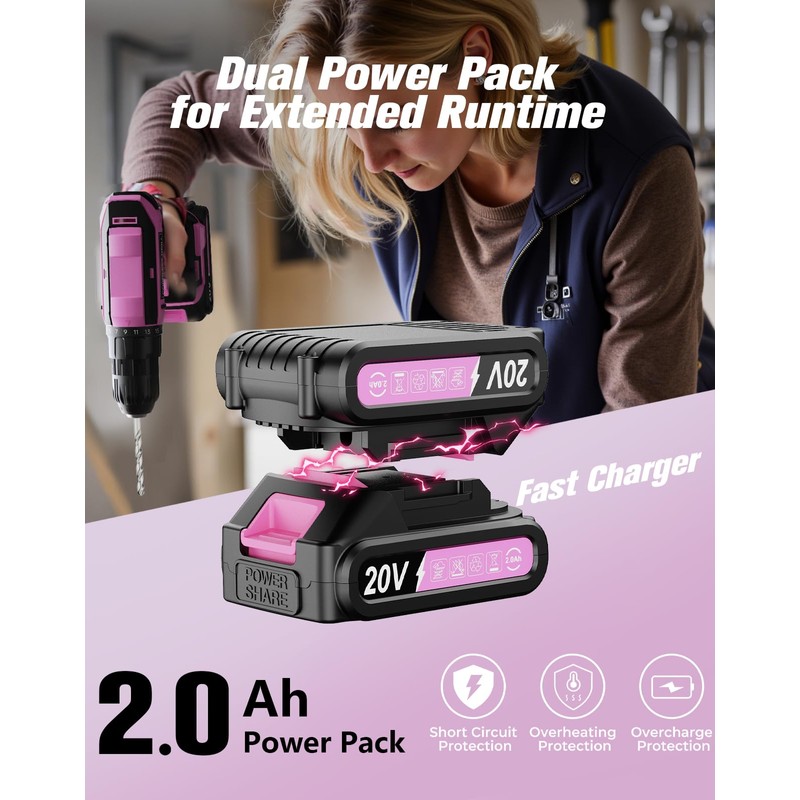 Pink Cordless Drill Set, 20V Max PowerDrill for Women, Lightweight