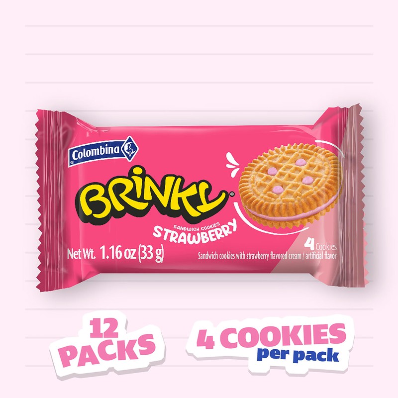 Colombina Brinky Strawberry Cream Cookies,12 Individual Packs, 4 Sandwich Cookies