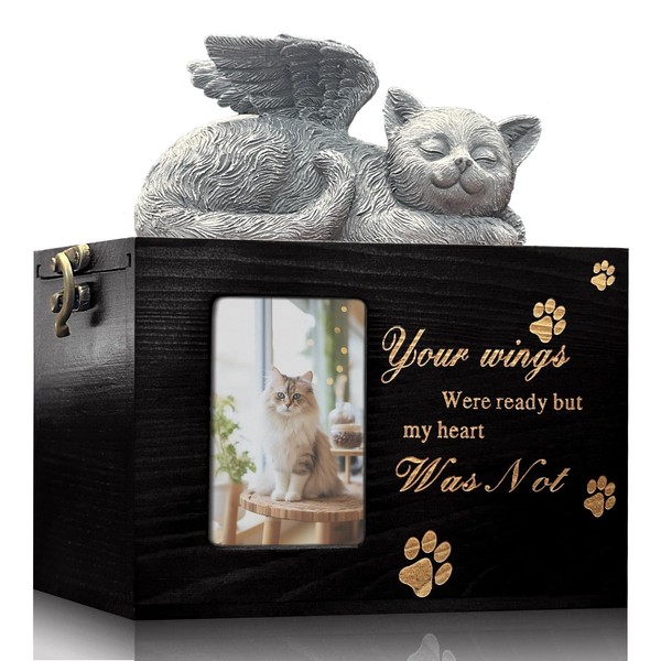 LAZYESTHER Cat Urns for Ashes with Picture, Black Pine Wood,