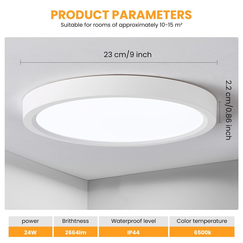 queffigle 23cm LED Ceiling Light Bathroom Light 24W 2664lm 120W