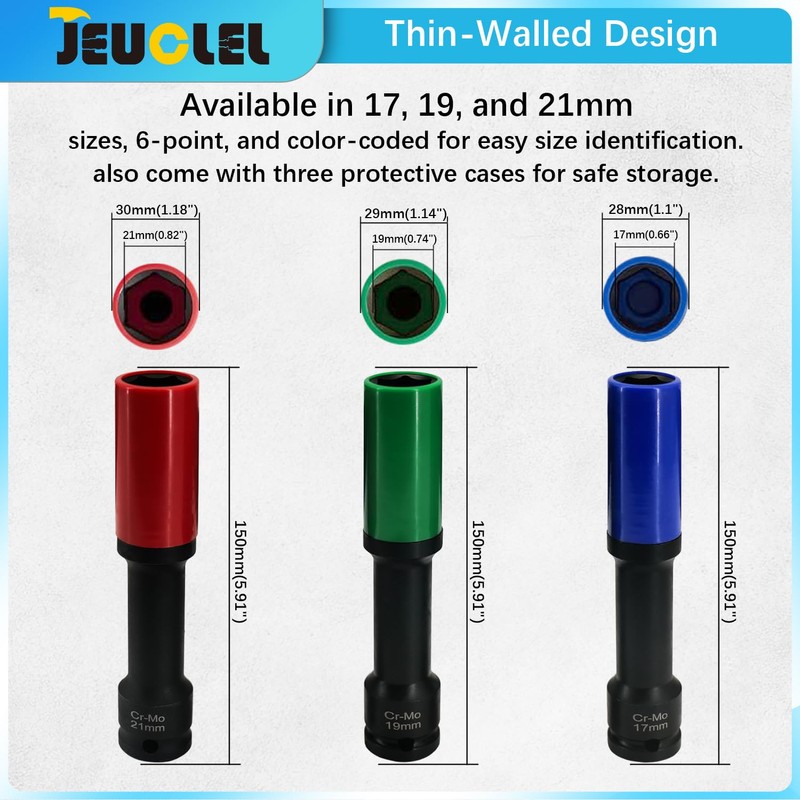 JEUCLEL 3-Piece Lug Nut Socket Set, 1/2" Drive, Impact Tools,
