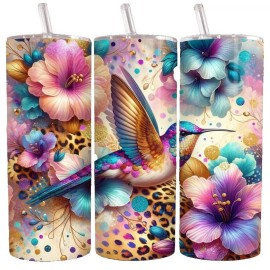 Unbranded Hummingbird Floral Colorful Skinny 20oz Tumbler W/ Lid Insulated Travel Mug