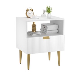 Ltysh Nightstand, Bedside Table with Drawer, Modern White Night Stand, Bedside Furniture, End Table with Gold Frame, Drawer Dresser for Bedroom, Office, Living Room（Stripe White）