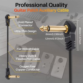 12-Inch Flat Guitar Patch Cables 6 Pack, Ultra-Thin 6.35mm Right-Angle Guitar Effects Pedal Board Patch Flat Cord, Thin-Type Save More Space Pedal Board Cables Gold Plated Connector 1/4 TS Copper Wire