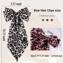 hisial 6Pcs Large Bows Hair Clips for Women Girls Long Tail Hair Ribbon Silky Satin Barrettes Coquette Bows Accessories (Leopard Pink/White/Yellow)