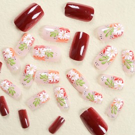 RIICFDD 24 Pcs Fall Nails - Square, Press On, Glue On, Full Cover, Artificial, Wine Red, Flower Leaf, Autumn Designs for Women & Girls