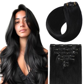 Sunya Clip-In Real Hair Extensions, Jet Black, Real Hair Extensions, Clip-In Real Hair Extensions, Invisble Clip Extensions, Straight Hair Skin Weft, 70 g, 16 Inches, 7 Pieces with 16 Clips
