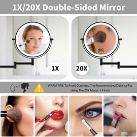 20X/1X Wall Mounted Makeup Mirror with 3 Color Lights, 8'' Double Side Wall-Mount Magnifying Mirror, Dimmable Bathroom Mirror for Wall with Extension Arm, Black
