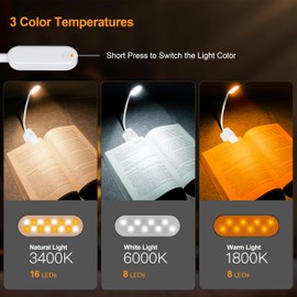 Gritin 16 LED Rechargeable Book Light for Reading in Bed- Eye Caring 3 Color Temperatures, Stepless Dimming Brightness, 80 Hrs Runtime, Lightweight Flexible Clip on Light for Book Lovers-White